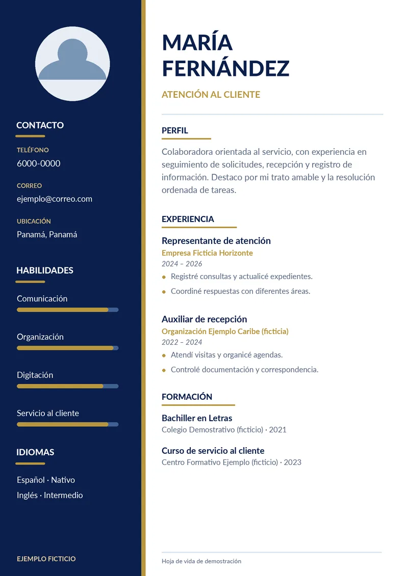 Modelo moderno de hoja de vida en Panamá (datos ficticios)